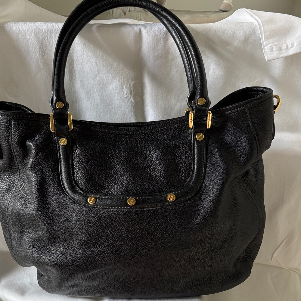 Tory Burch Black Leather Tote with Gold Accent Hardware. Shoulder strap missing.